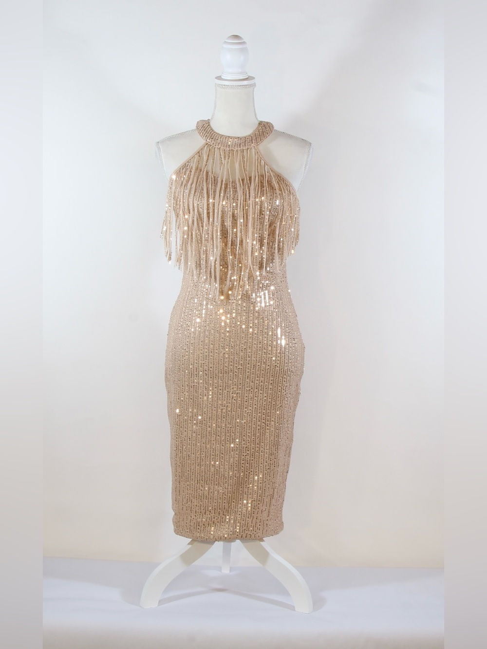 SHEIN Beige Sequin Fringe Halter Midi Dress NWOT